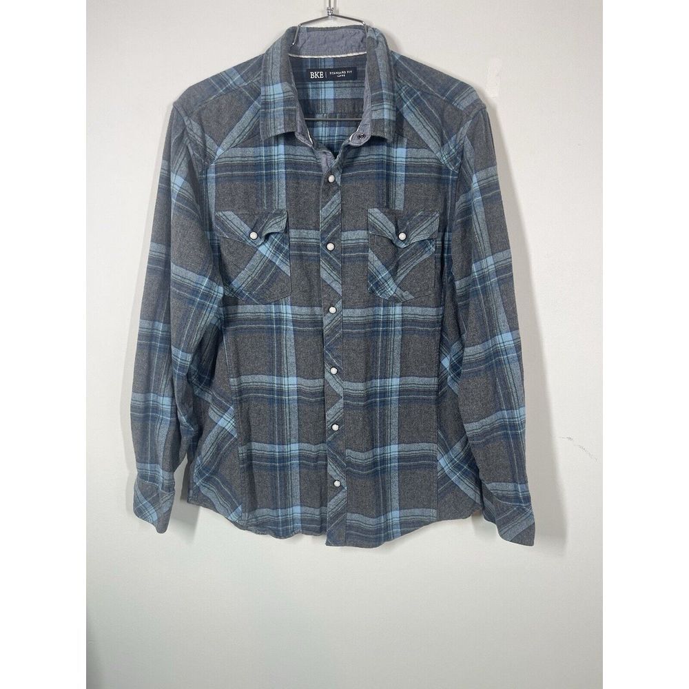 BKE Men's‎ Standard Fit Blue Plaid Long Sleeve Flannel Pearl Snap Western Size L